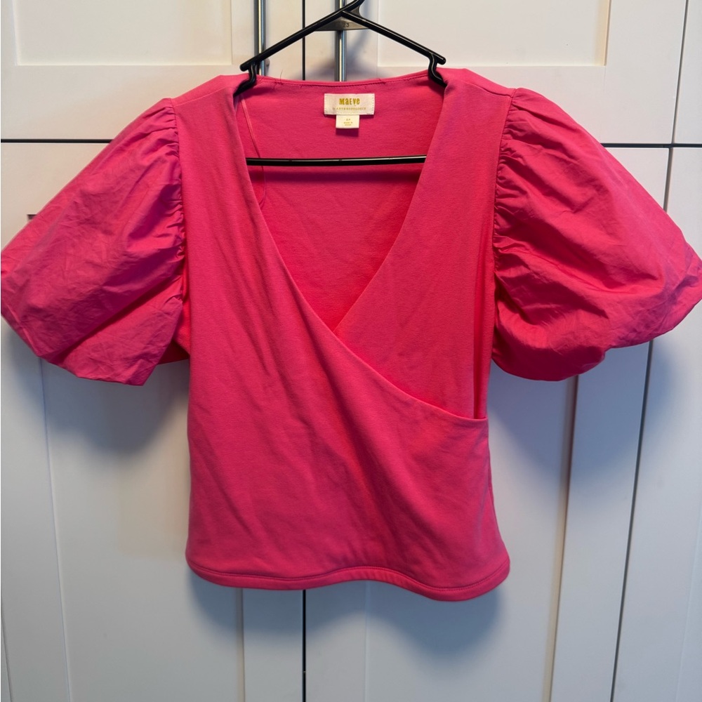 Anthropologie Maeve Pink Puff Sleeve Blouse Womens small petite EUC